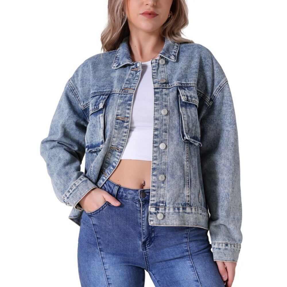 Oversized Denim Button Down Pockets Jean Jacket Gray Blue